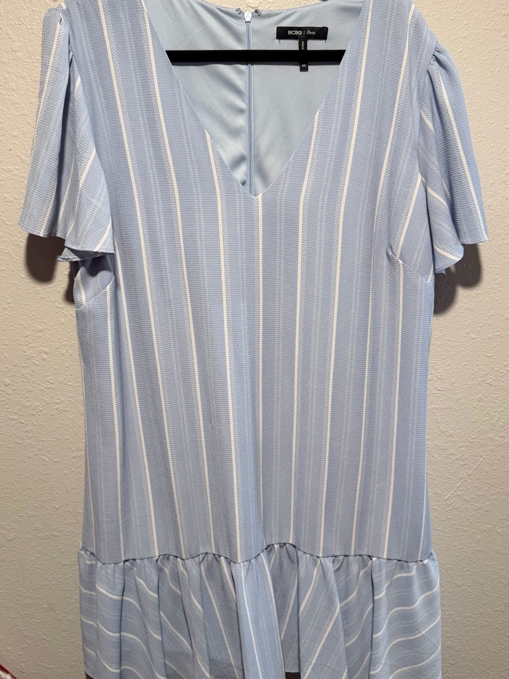 BCBGLight Blue Striped V-Neck Flutter Sleeve Dress